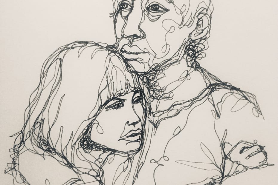 Pen drawing of Jane and Serge