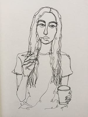 Pen drawing of a woman with coffee