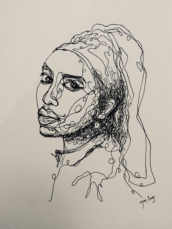 Pen drawing of girl with pearl